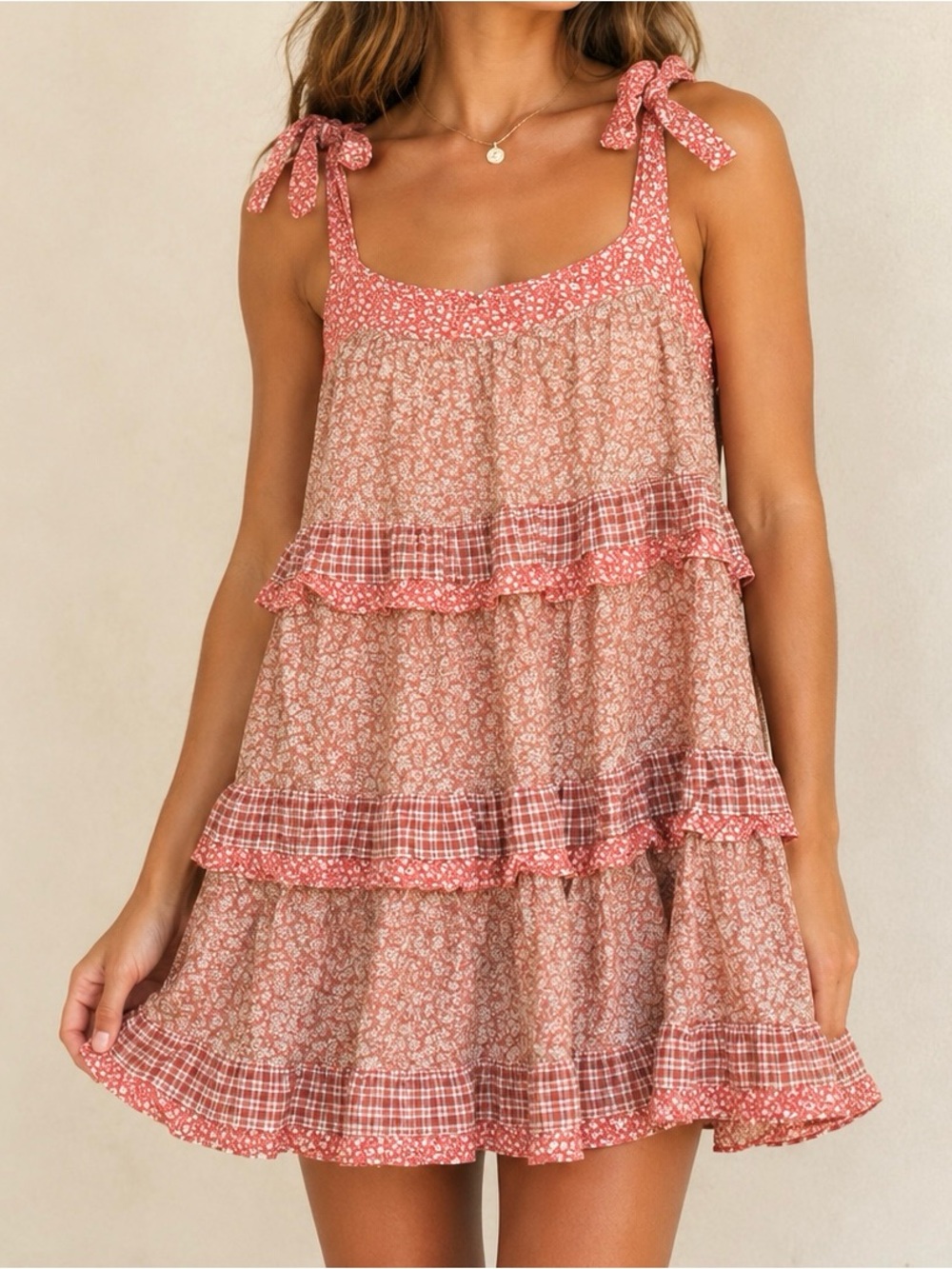 EASEL Ruffled Tiered Summer Dress Medium Tunic Top Boho Cottage Floral Hippie